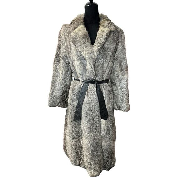 Real Rabbir Fur Long Grey beltrd Coat Small - Picture 1 of 16